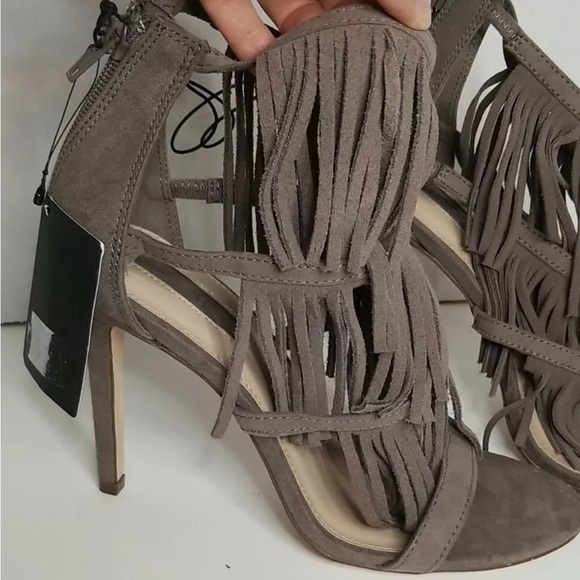 Taupe "Radiohead" Faux Suede Fringe Open Toe Heeled Sandals - Picture 9 of 12